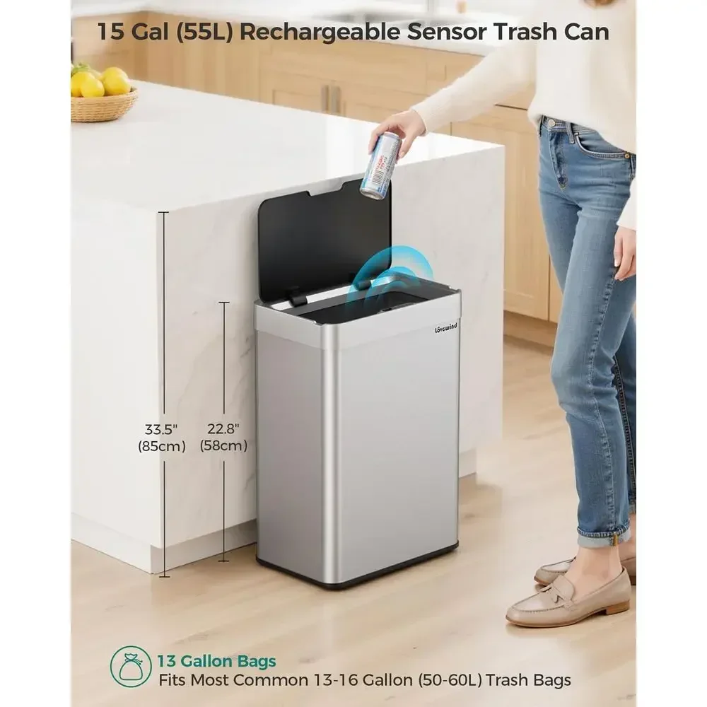 15 Gallon Stainless Steel Automatic Motion Sensor Trash Can with Type-C Rechargeable Lid, Silent Close for Kitchen Use