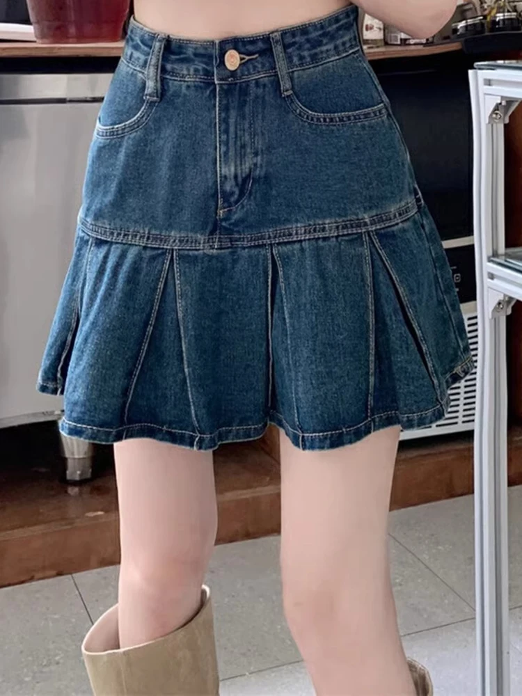 Women High Waist Korean Style Denim Pleated Skirts Female Elegant Ruched Dress Lady Blue A Line Mini Wrap Hips Skirts Large Size