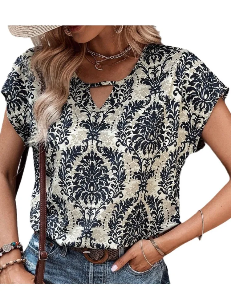 

Vintage Women Print Blouse Summer Fashion Party Shirt Short Sleeve V-Neck Tops Female Casual Holiday Blouses Blusas Mujer 2025