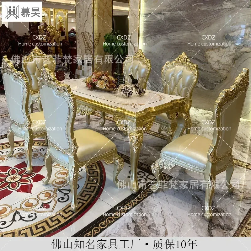 European dining table and chair combination rectangular full solid wood carving flower dining table 6 people luxury French