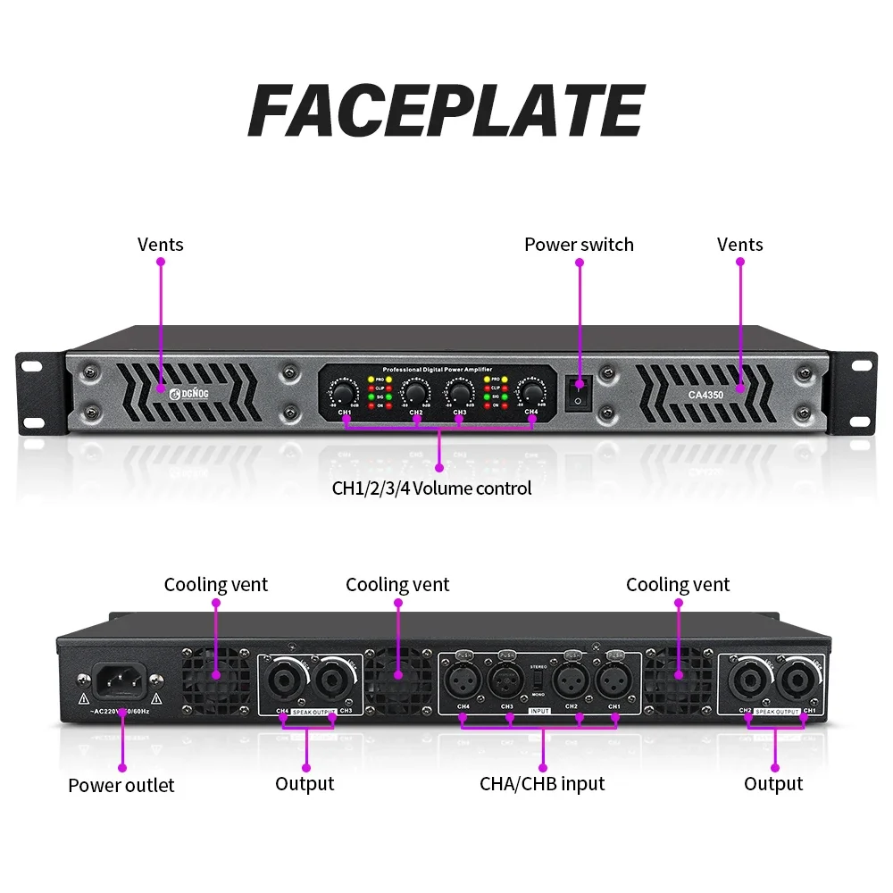 Amplificador de potencia PA/DJ Amplificador de potencia digital Clase D de 4 canales 1U (8Ω) 350W (4Ω) 550W para sistema de conferencias KTV de escenario DGNOG