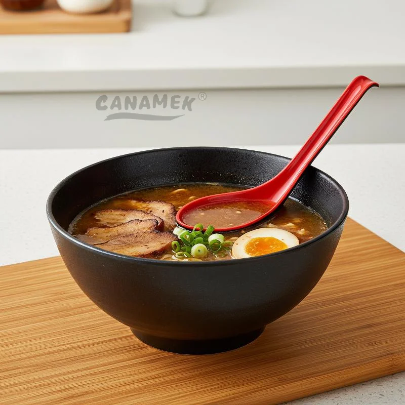 Japanese Style Drop Resistant Ramen Spoons 2pcs Long Handle Red Black Melamine for Household Daily Soup Serving