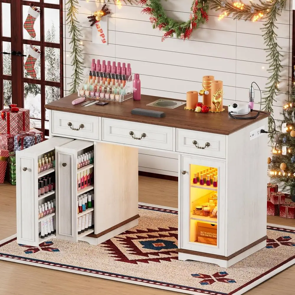 LED Display Manicure Station with Dust Collector, Power Outlet, Acrylic-Resistant, Movable Shelves, White