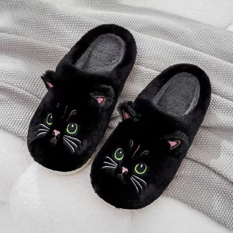 Black Cat Slippers Men Indoor Fur Slides Home Mens Funny Kitten Shoes 2025 New Plus Size 46-47 Male Female Fluffy Slippers