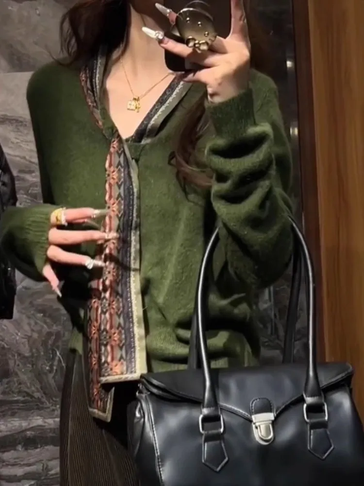 Suéter de punto Retro para mujer Faion Otoño Invierno adelgazante Ele de gama alta largo Sve Top V-ne corte suelto exclusivo en línea