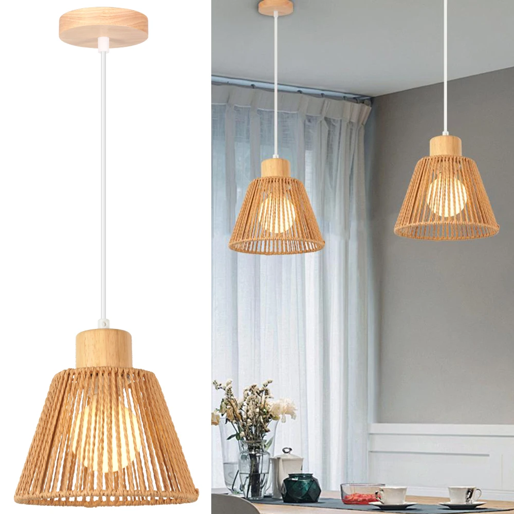 

Винтажный подвесной светильник из ротанга E27, люстра в стиле бохо, абажур из пеньковой веревки, тканый подвесной светильник для гостиной, спальни, кухни, освещение