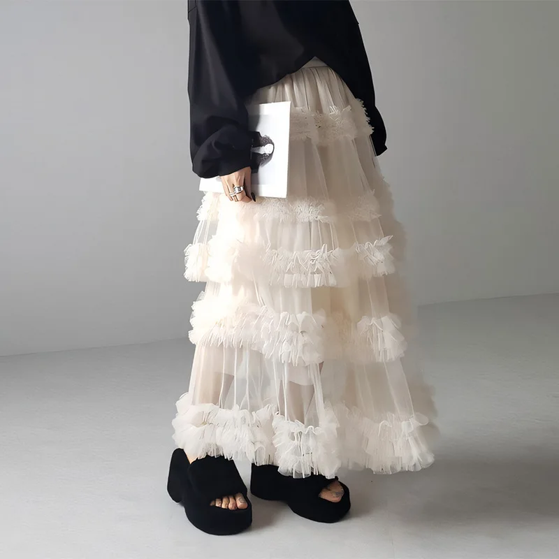 

Spring and Summer Loose Mesh Skirt Japanese New Women's Three-layer Hand-spliced White Mesh A-word Long Skirt