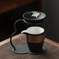 Black pottery iron frame integrated tea strainer ceramic tea filter screen fair cup Japanese tea maker ceramic tea strainer set