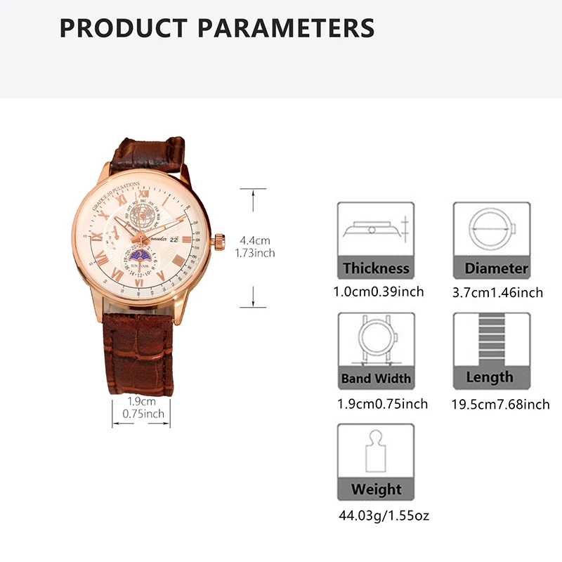 حزام جلد بني للرجال، ساعة كوارتز أرقام رومانية أنيقة وبسيطة على شكل قمر.