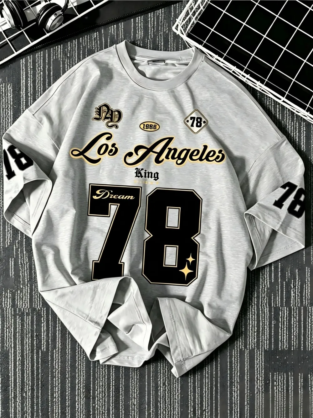 Amerikanisches Herren-Sommer-T-Shirt mit Los Angeles-Print, 78, Mikro-Elastik, Atmungsaktiv, Rundhalsausschnitt, Outdoor-Freizeit-Sport-Oberteil – Detail 11