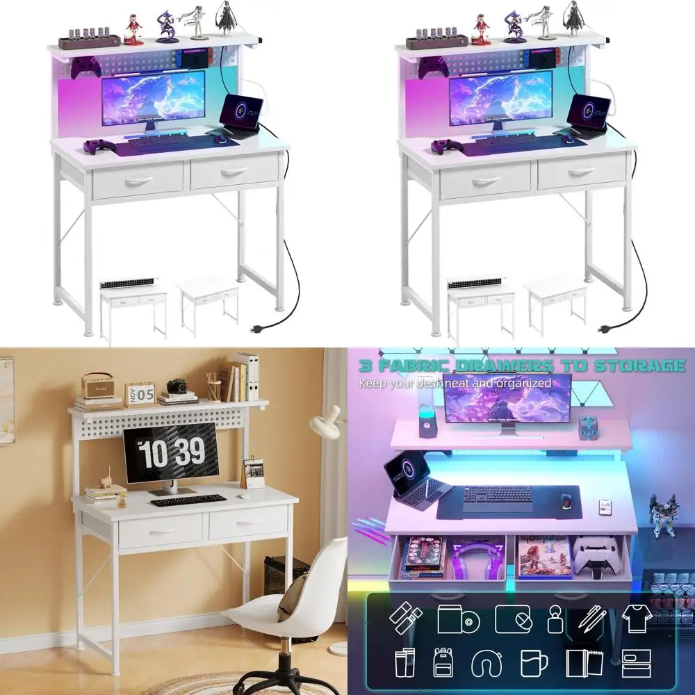 Small Desk with Drawers, 31 Inch Computer Desk with Power Outlet & LED Light, Gaming Desk with Adjustable Monitor Stand & Pegboa