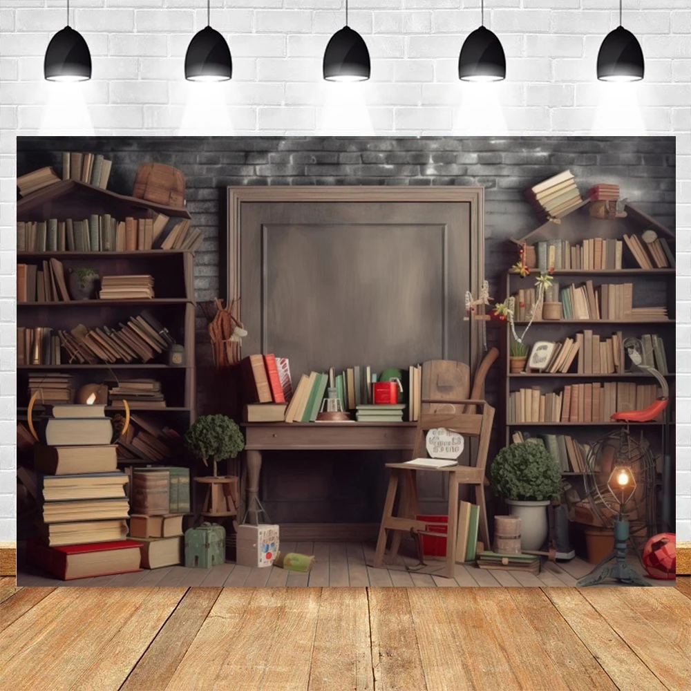 AI Scene Bookshelf Backdrop Back to School Party Decor Kids Portrait Library Study Background for Photography Photozone Props