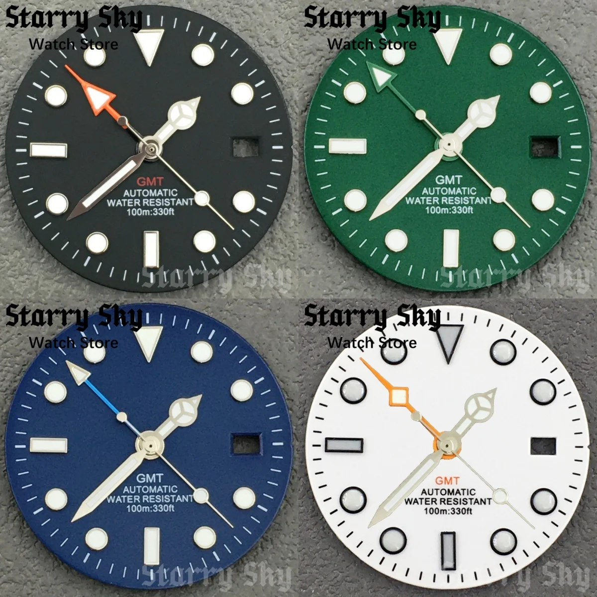 

Звездное небо 31,5 мм, черный/белый/синий/зеленый циферблат часов GMT, 4 контакта, стрелки часов с зеленым светом, подходит для автоматического механизма NH34A