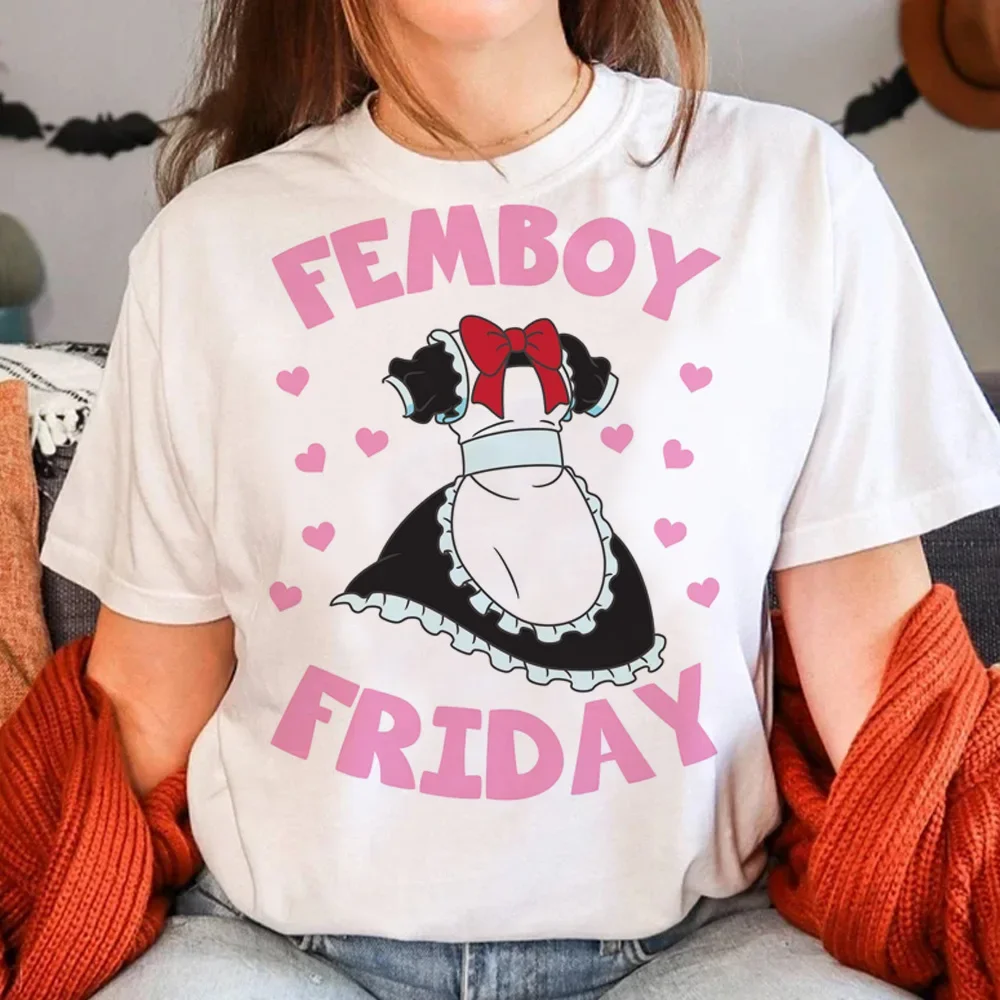 White Short Sleeve Tops New Femboy Tees Shirt Women Funny Harajuku T-shirt Female Comic Designer Graphic Clothes Summer Clothing