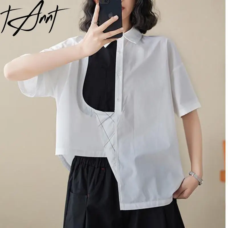 Tannt Women Shirt Asymmetry Short Sleeves Color Matching Casual Shirts Blouses Irregular Black White Loose Blouses Tops 2024 New