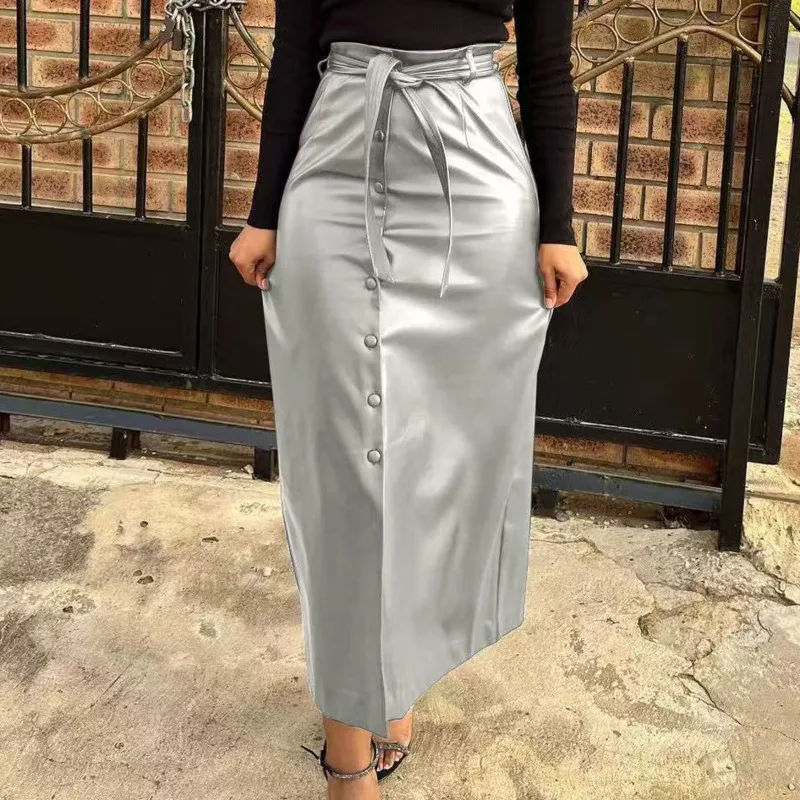 HKSH Spring Autumn New Women Skirt PU Leather Buttoned Split Belted Solid Color Versatile Punk Elegant Trend Chic Skirts HK17216