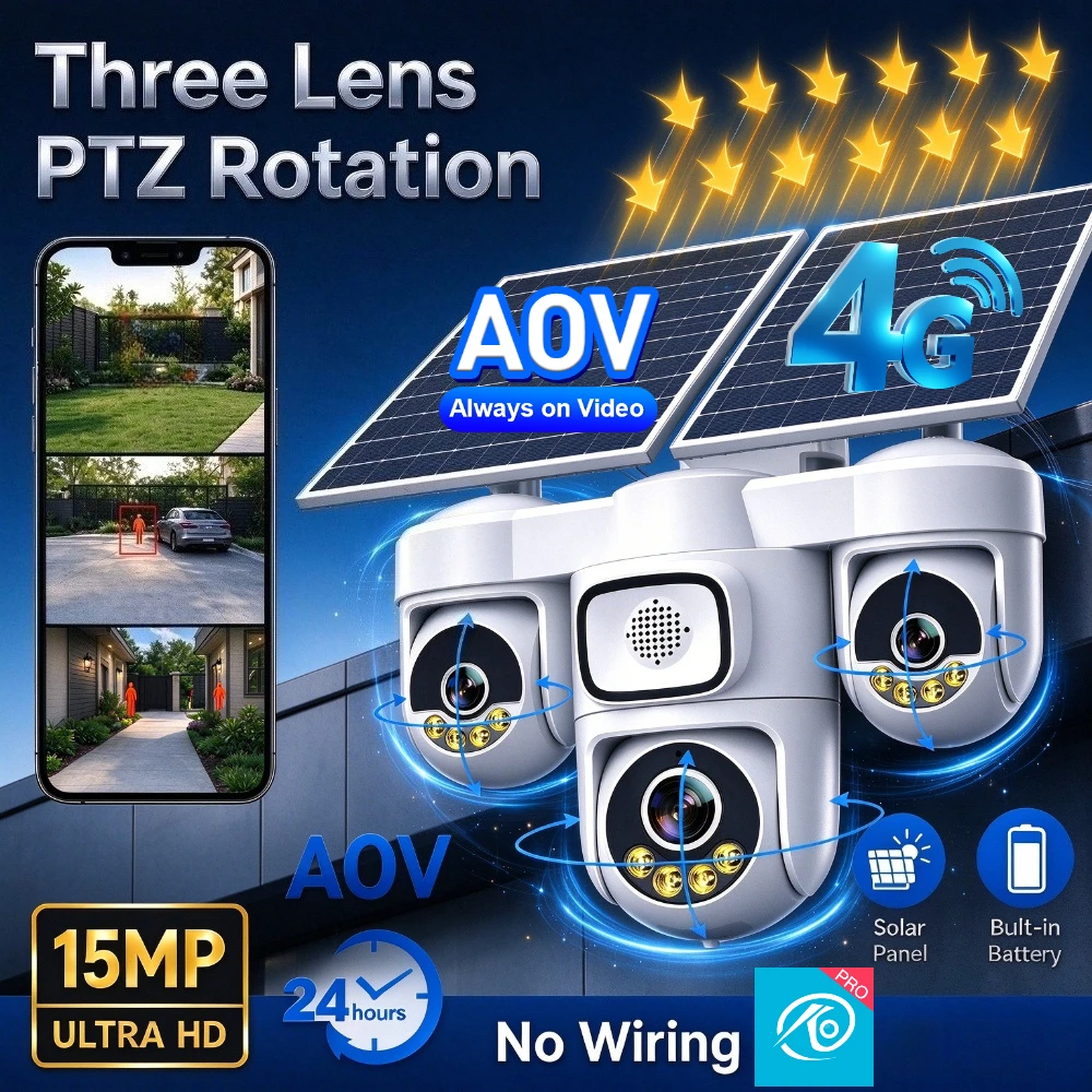15MP 8K 3 PTZ Triple Screen 6 Motors 360° Panoramic 4G Solar AOV IP Camera AI Wireless Outdoor Outdoor Surveillance CCTV Cam