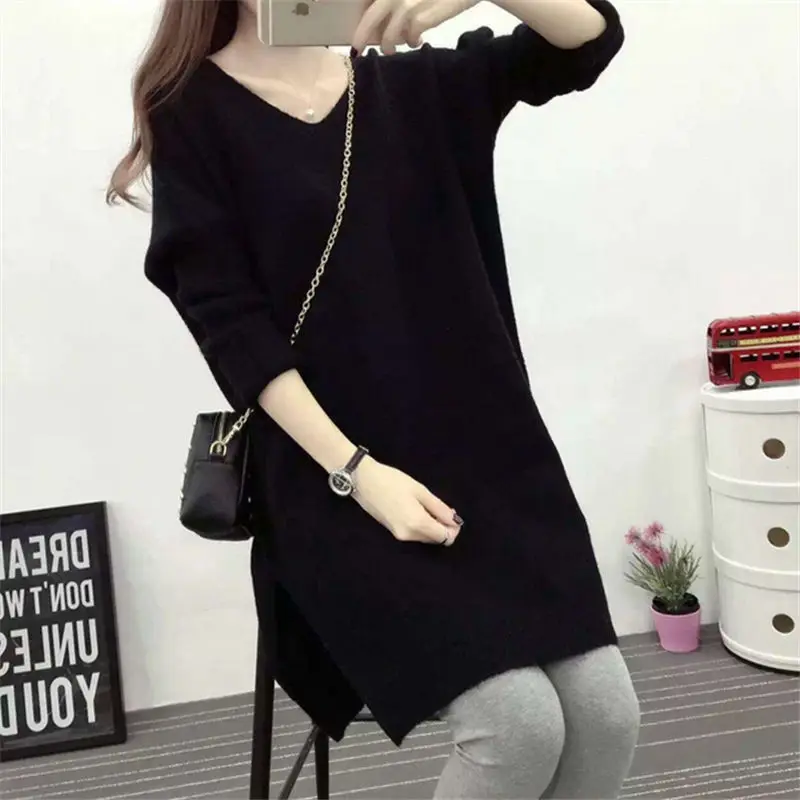 Autumn Winter Solid Color V-Neck Loose Lengthen Tops Fashion Women\'s Clothing Korean All-match Long Sleeve Split Knitted T-shirt