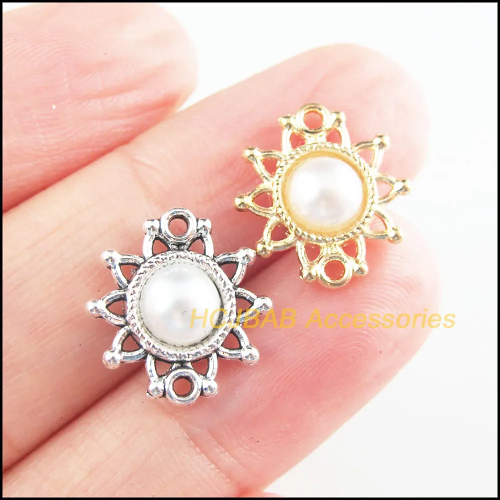 25Pcs Tibetan Silver Tone & Gold Color Retro White Acrylic Sun Flower Charms Connectors 14x15mm