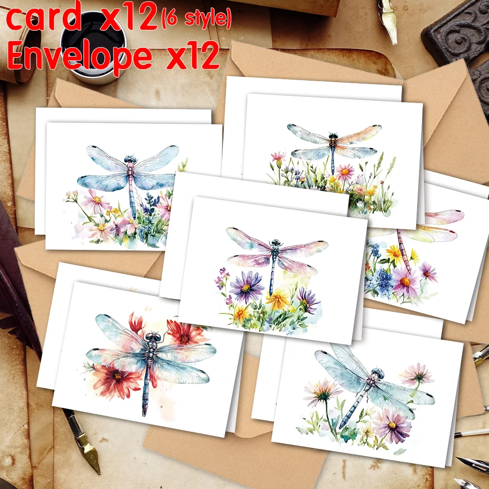 24-teiliges Grußkarten-Set mit Aquarell-Illustrationen, Umschlägen, Libellen- und Blumenmotiv, DIY-Einladungskarten, multifunktionaler Spaß – Detail 2