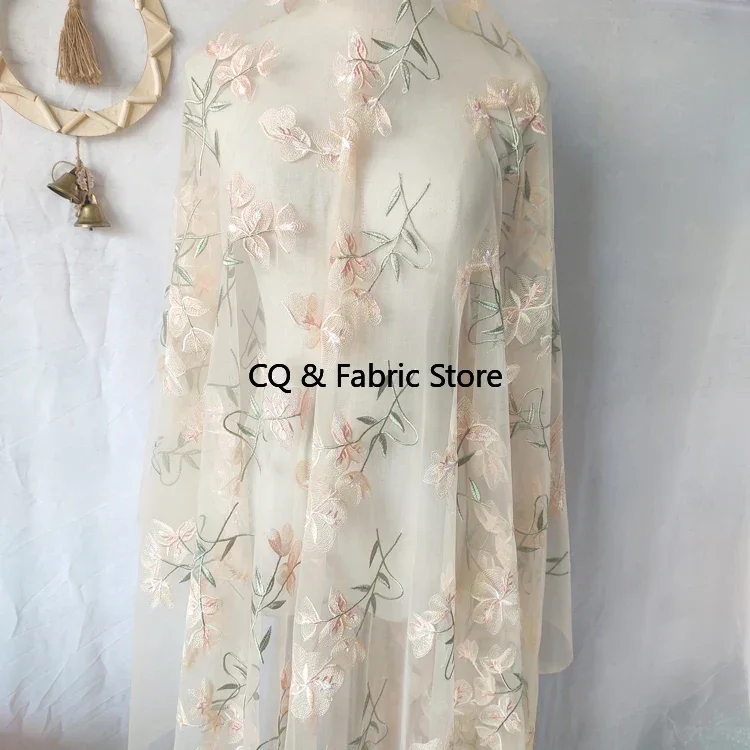 

Новая кружевная ткань с цветочной вышивкой и листьями, абрикосовая сетчатая ткань для платья, ткань «сделай сам», от метров