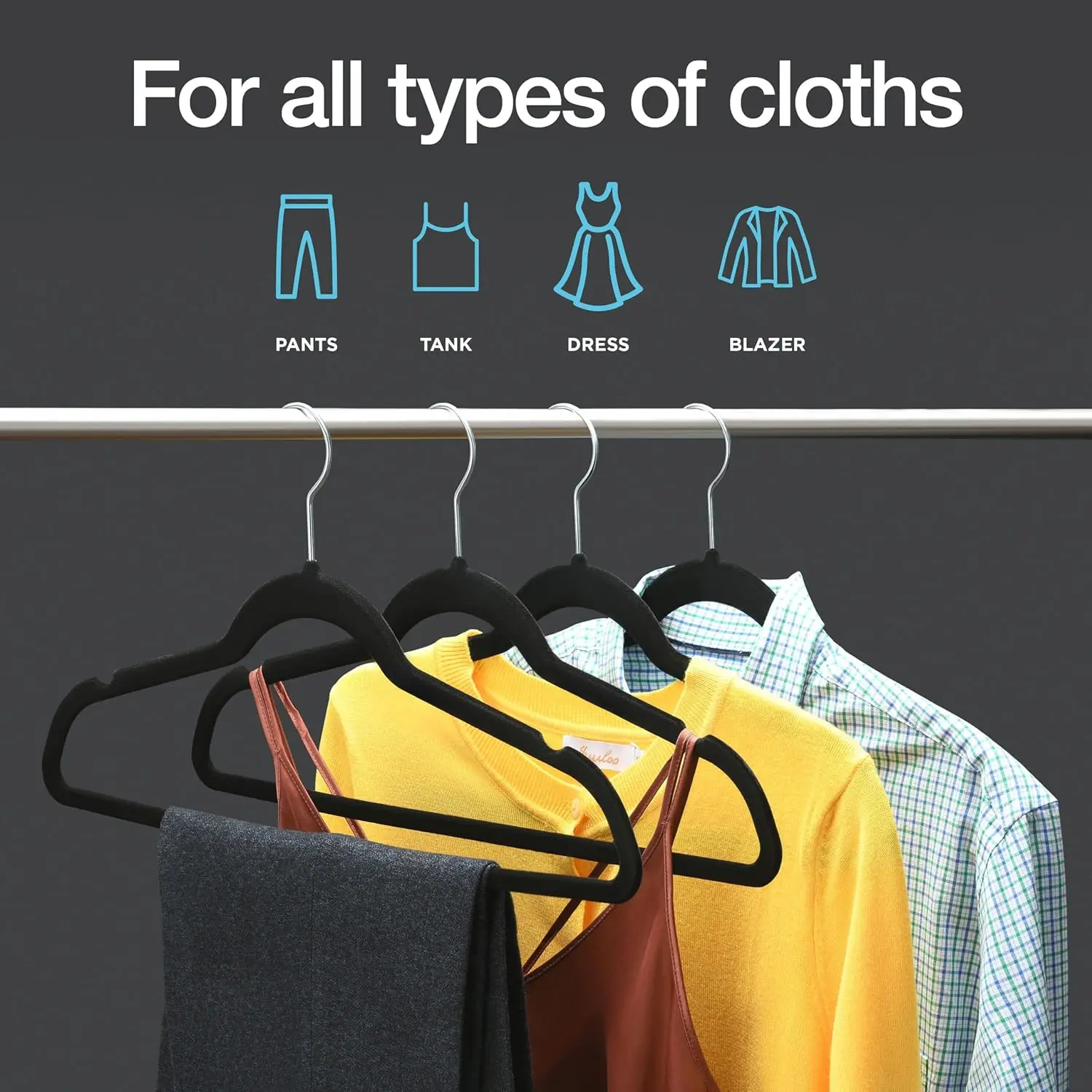 50 شماعة مخملية ممتازة: شديدة التحمل، رفيعة للغاية باللون الأسود. غير قابل للانزلاق، 360 °   خطاف دوار للخزانة والقمصان والسراويل.