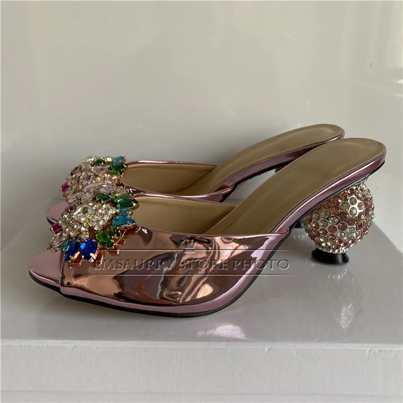 Colorful Rhinestone Buckle Modern Sandals Women Diamond Crystal Spherical Heel Luxury Patent Leather Slingbacks Summer Mules