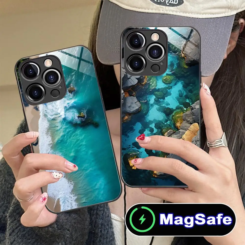 

Чехол для мобильного телефона с дизайном «Пляжные волны» для iPhone 17 16 15 14 13 12 11 Air Pro Max Plus Mini, стеклянный, цветной, с MagSafe, для смартфона