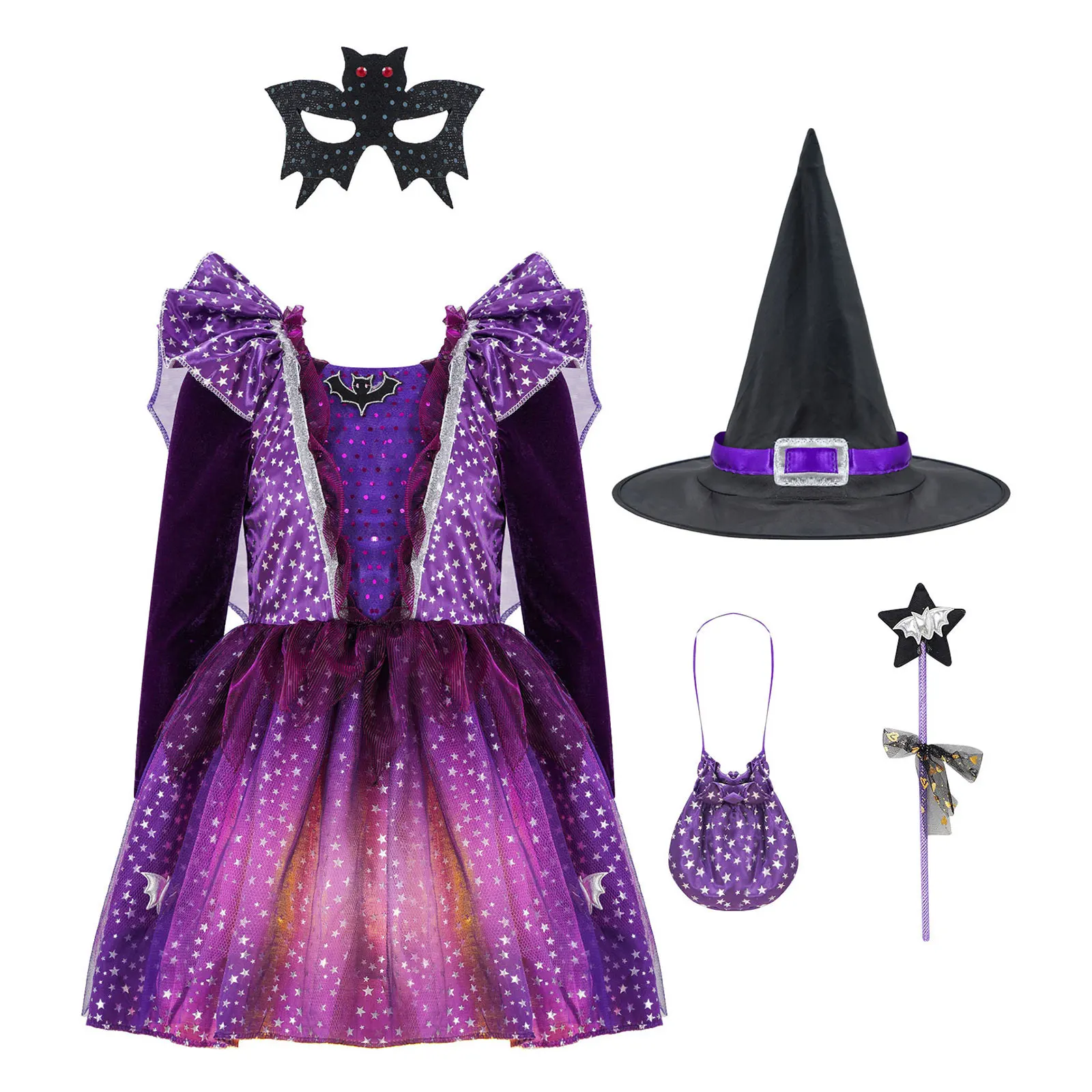 

Kids Girls Halloween Witch Costume Carnival Party Cosplay Dress Up Long Sleeve Stars Print Princess Dress with Pointed Hat Wand