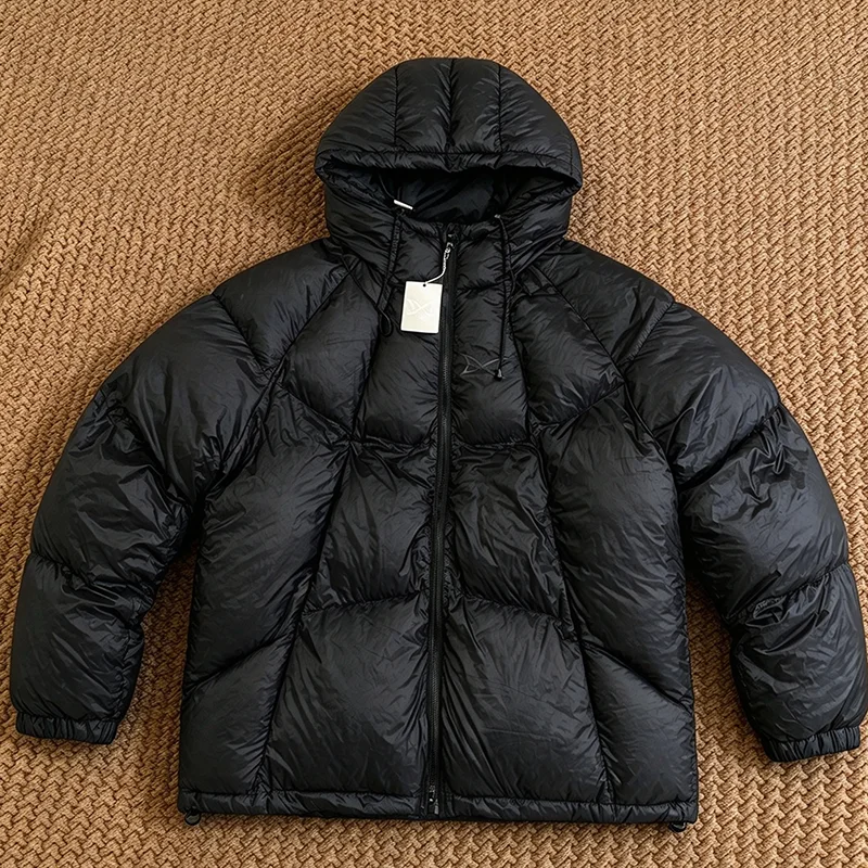 Fall Winter New Arrival Mertre Men Black Full Zip Puffer Jacket Hooded Drawstring Embroidery Logo Warm Outerwear
