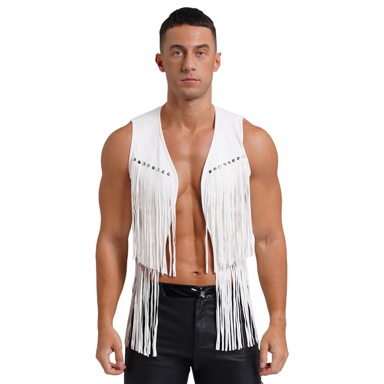 

Mens Fashion Vintage Faux Suede Tassel Vest Tops Open Front Rivets Fringe Waistcoat Jacket Western Cowboy Theme Party Clubwear