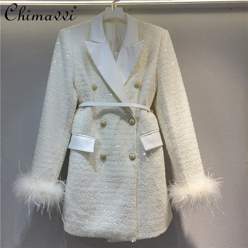 Fashion White Slim Jacket Women's Autumn and Winter New Removable Ostrich Fur Long-sleeved Elegant Mid-length Blazers Coat