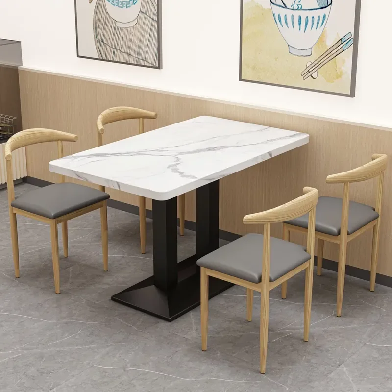 Rectangular Wood Dining Table Black Metal Double Column Base Modern Restaurant Furniture