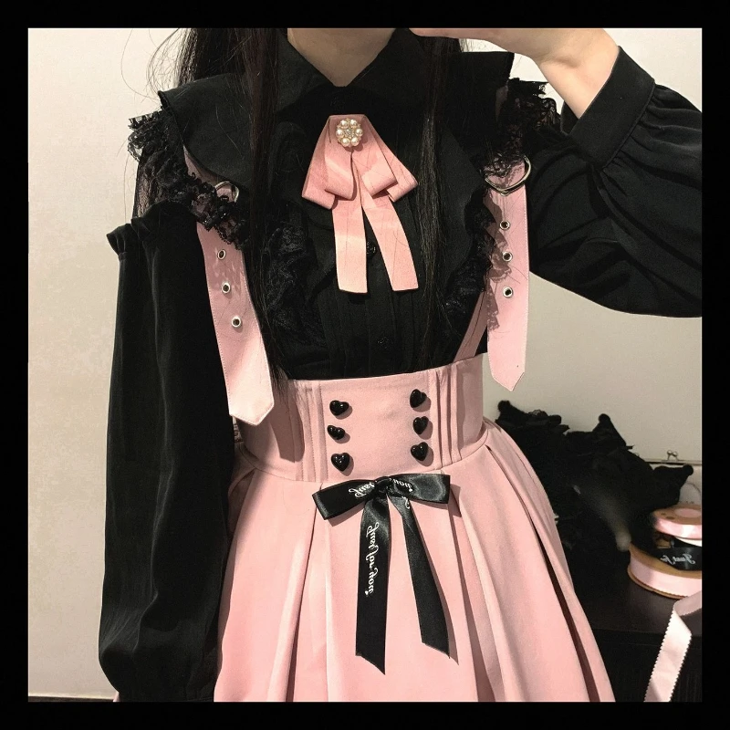 Japońska Kawaii Dziewczyna Słodka Urocza Lolita Koszula z Wycięciami Jesień Y2k Estetyczna Koronkowa Uniwersalna Bluzka Top Damska Nowa JK Luźna Bluzka