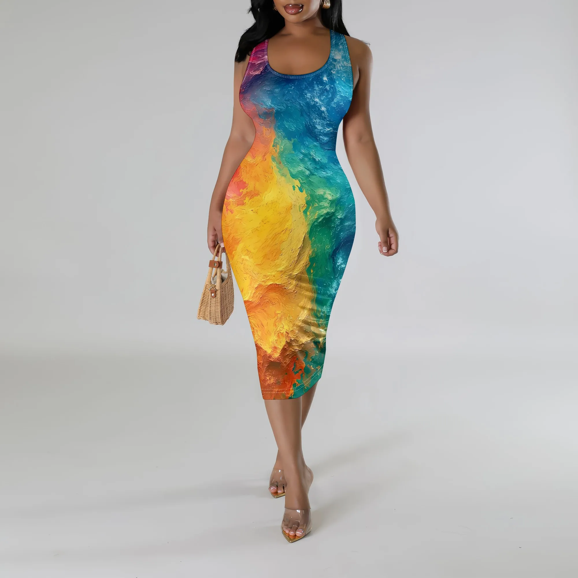

Nupusa Colorful Print Dress for Women Regular Size Summer Casual Sleeveless Midi Dress