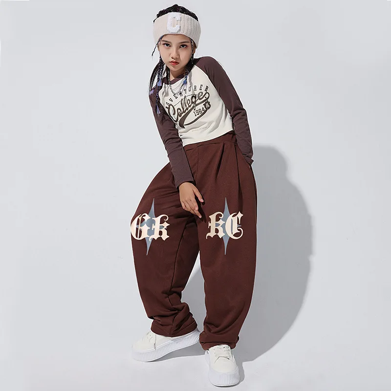 

Girls Hip Hop Costume Jazz Ballroom Dance Exposed Navel Top Dark Coffee Pants for Kids Stage outfits Dancewear