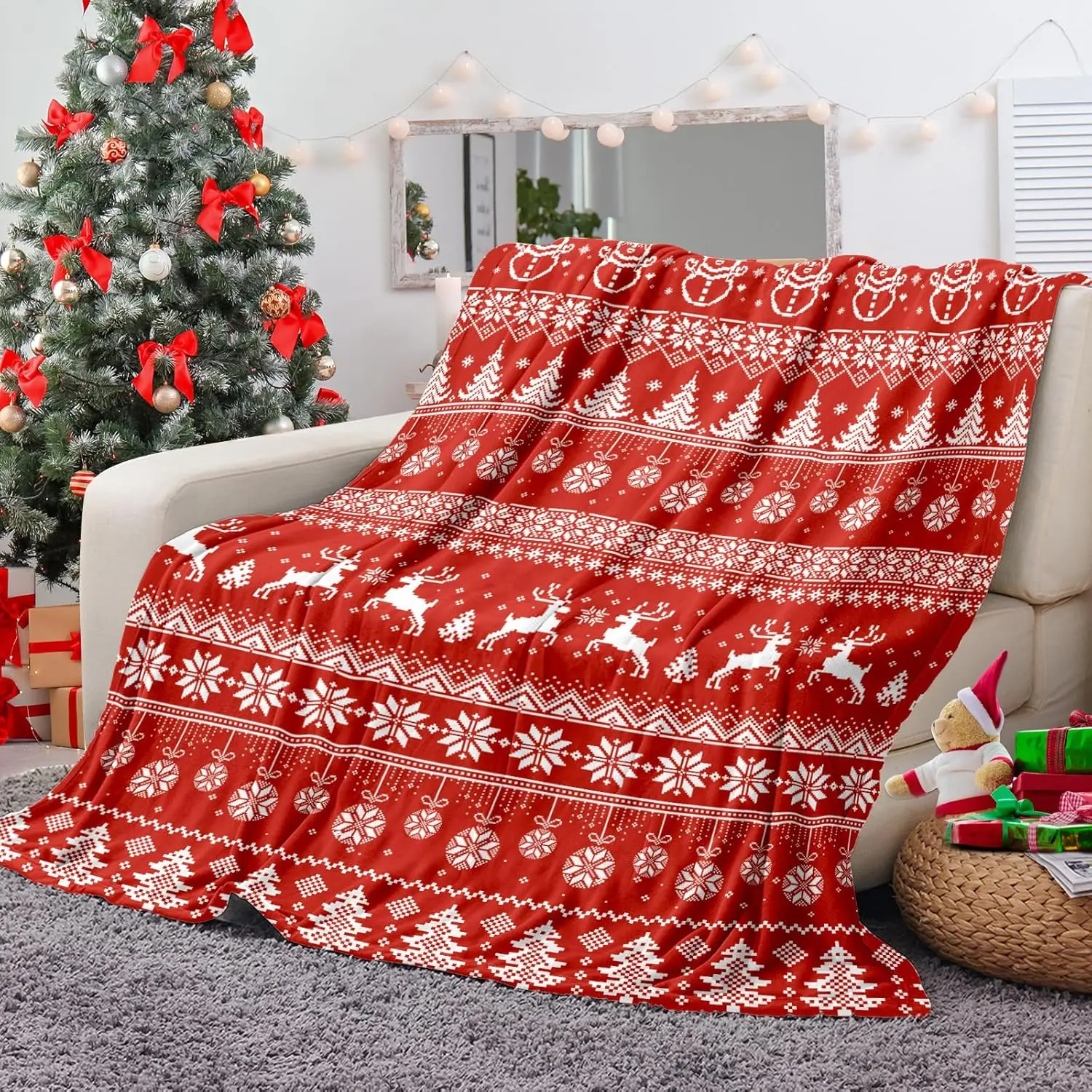 

Christmas Throw Flannel Blanket Red Christmas Snowman Moose Blanket Super Soft Winter Plush Fuzzy Warm for Couch Bed Sofa