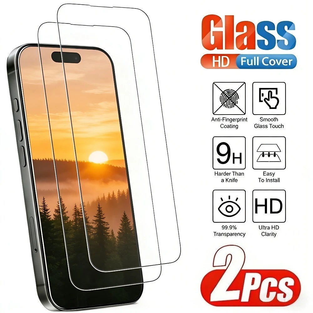

2Pcs Ultra HD Full Screen Protector for iPhone 17 16 15 14 Pro Max Air 17e 16 15 14 Plus 13 12 11 Pro 9H Hardness Tempered Glass