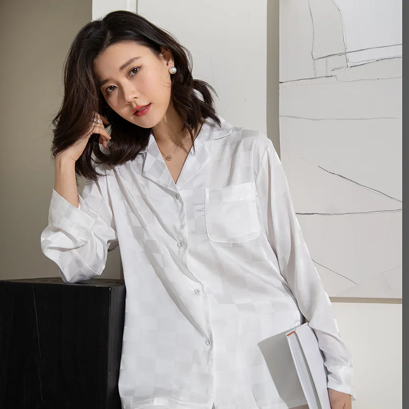 Spring Autumn Women Sleepwear Pajamas Set White Plaid Satin Pijamas 2PCS Shirt&Pant Loose Satin Trouser Home Wear Loungewear image 2