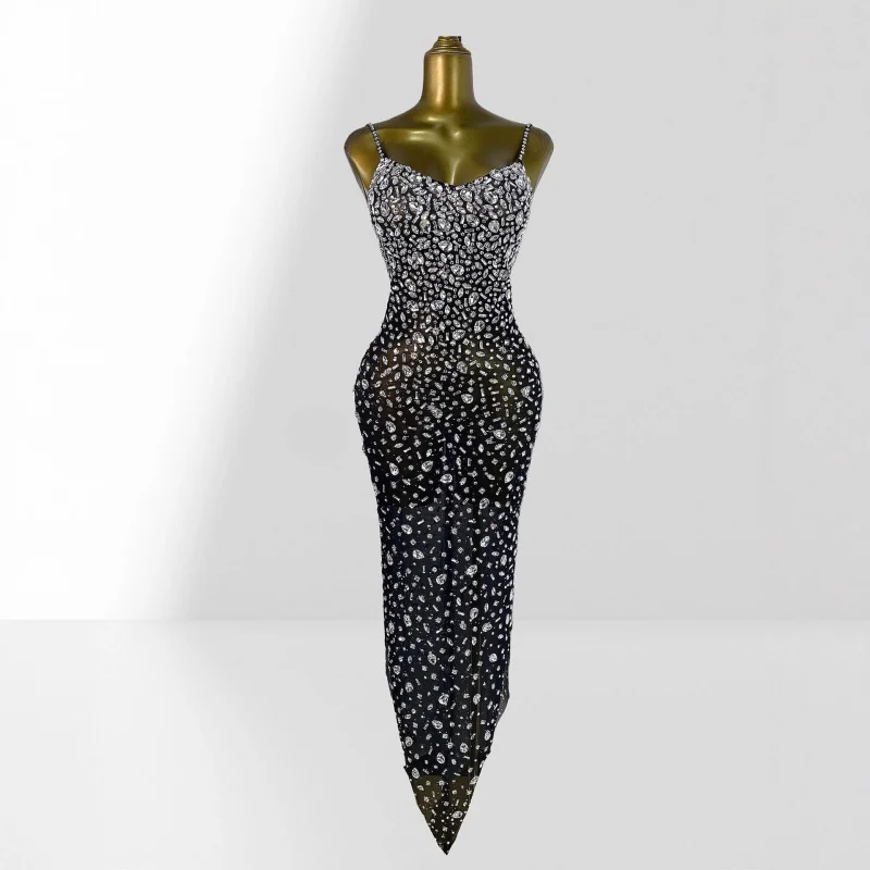 New Arrival Women's Rhinestone Sexy Sheer Mesh Strap Dress European and American Fashion Party Performance Dress