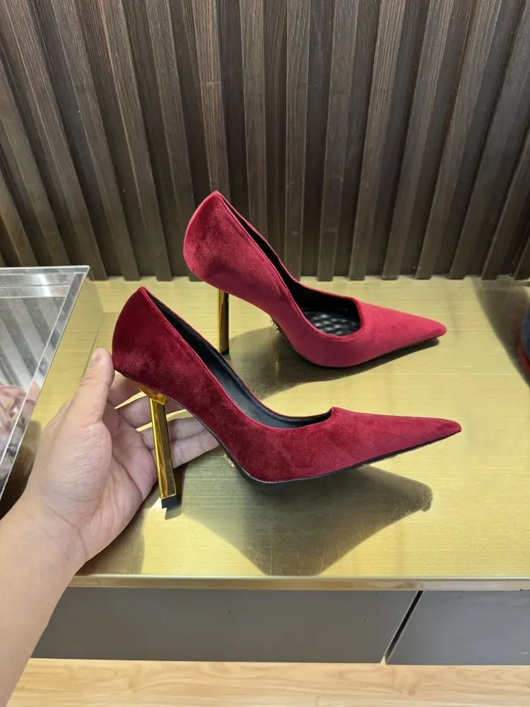 

French style shallow mouth pointed single shoe women's red suede party thin heel slimming versatile high heels