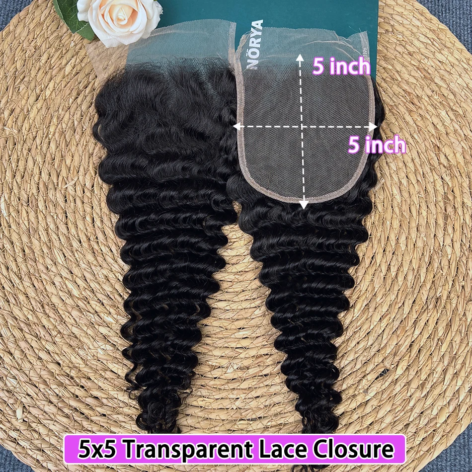 

Глубокая волна 4x4 5x5 13x4 Прозрачная кружевная застежка Фронтальная часть человеческих волос Предварительно выщипанные отбеленные узлы Кружева # 1B натуральный цвет волос девственницы