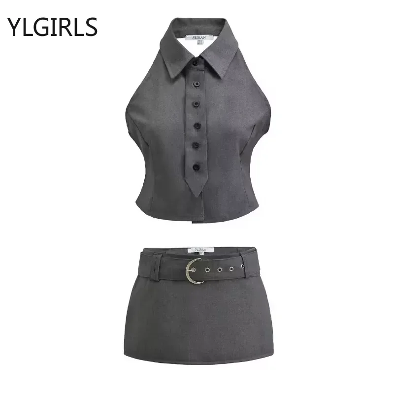 2024 Summer New Korean Single-breasted Backless Sexy Gray Camisole Women + High Waist Casual A-line Skirt Two-piece Suit