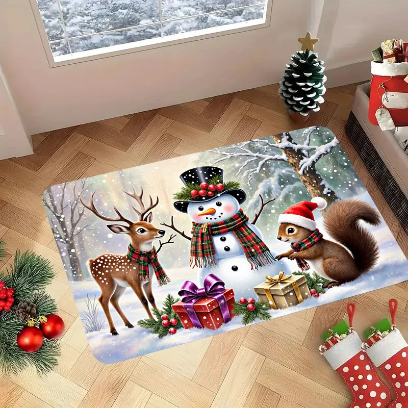 VIKAMA Christmas Area Rug Snowman Squirrel Reindeer Gift Box Snow Scene Print Non‑Slip Washable Front Entrance Home Floor Mat