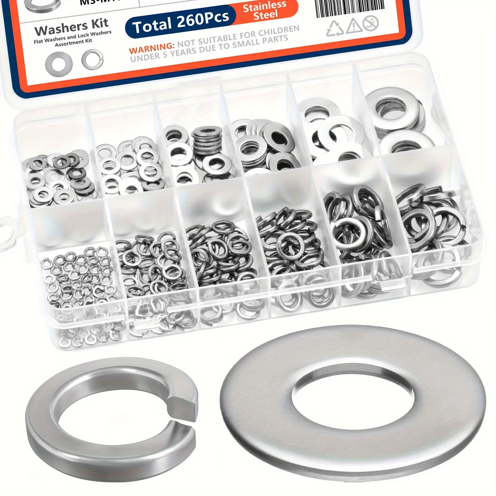 260Pcs Lock and Flat Washer Assortment Kit, Stainless Steel M3 M4 M5 M6 M8 M10 Spring Lock Washers and Flat Washers Set, Prevent