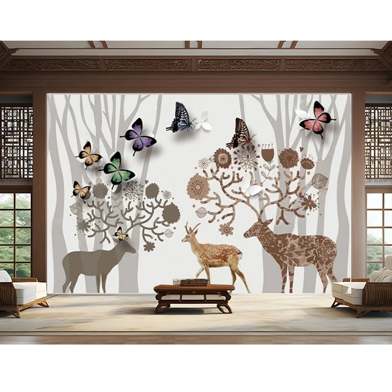 Modern Forest Deer Butterfly Natural Rural Scenery Retro Countryside Hand-Painted Colorful Corridor Walls Cabinets Custom-Made