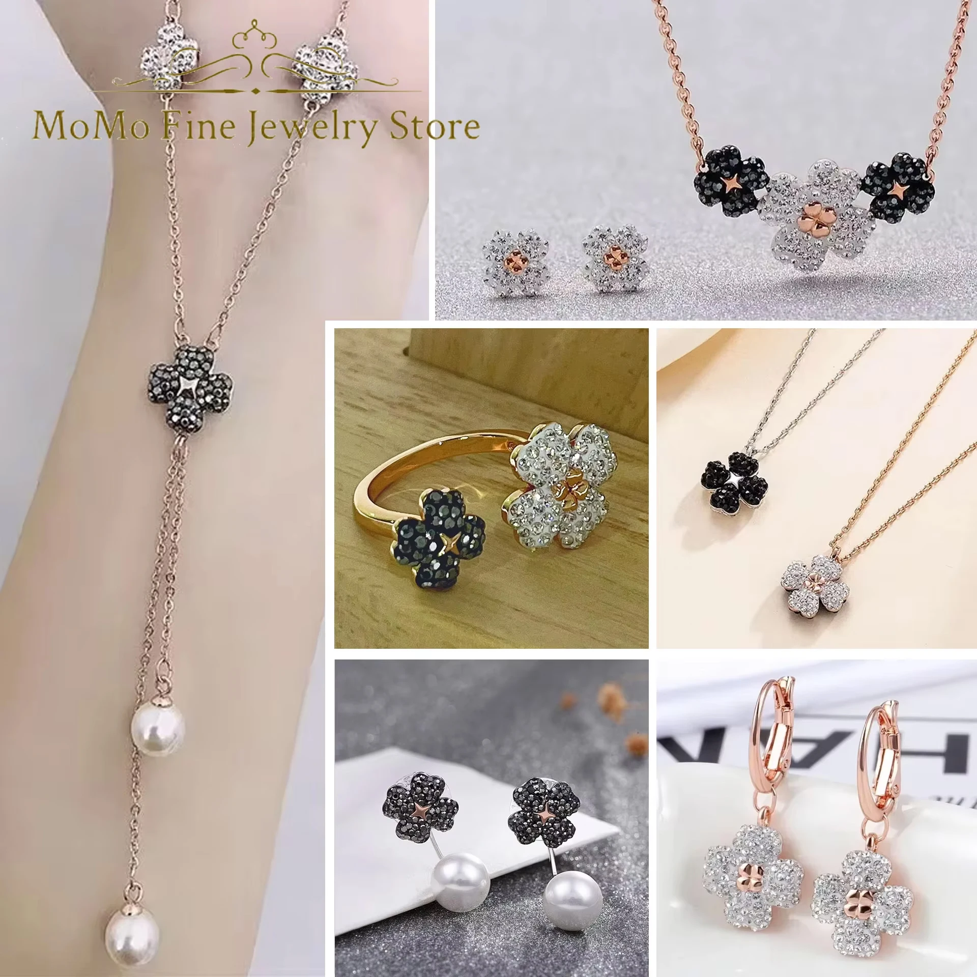 

Original 2025 Lucky Leaf High Quality Women's Jewelry Charm Black Pendant Crystal Pearl Necklace Bracelet Earring Romantic Gift