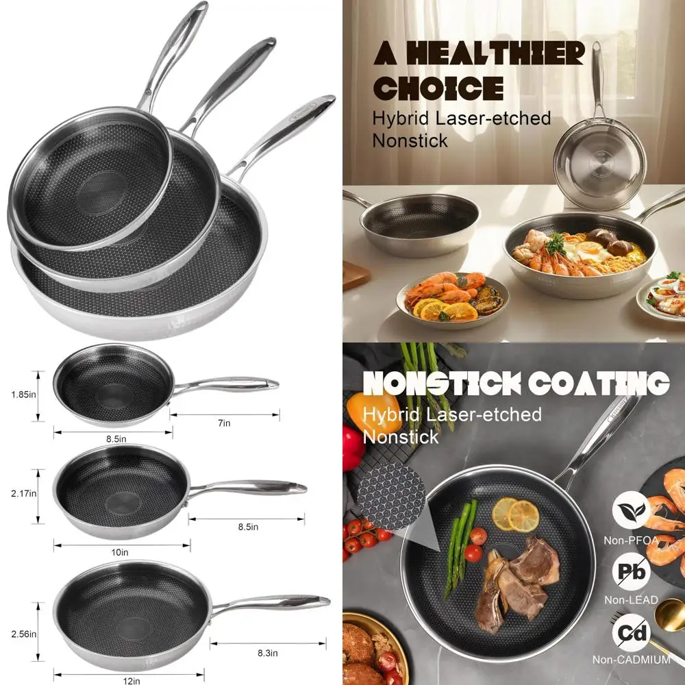 

Stainless Steel Nonstick Skillet Set - 8, 10, and 12 Inch Frying Pans, PFOA Free, Dishwasher and Oven Safe Cookware for American