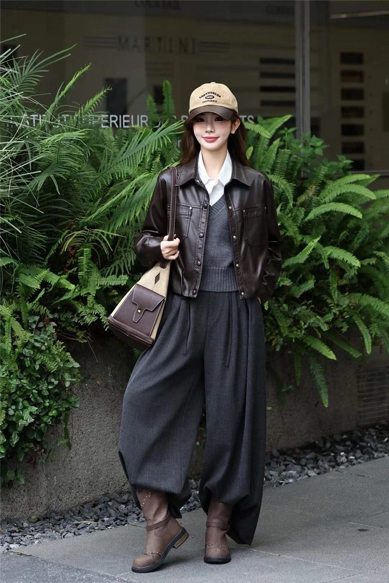 Black Short Faux PU Leather Jacket Big Pocket Lapel Single-Breasted Long Sleeve Autumn New Women Imitation Leather Biker Jacket