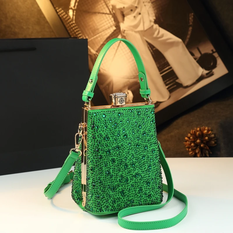 

2025 New Genuine Leather Women Handbag Mobile Phone Bag Vertical Small Crossbody Bag Diamond Rhinestone Clip Shoulder Bags
